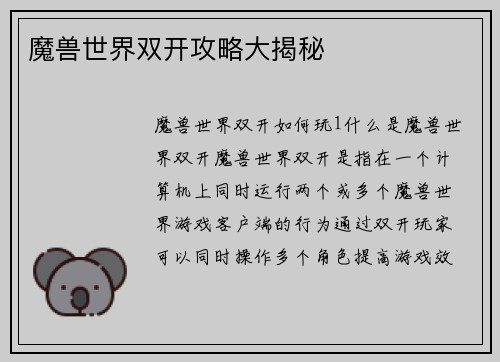 魔兽世界双开攻略大揭秘